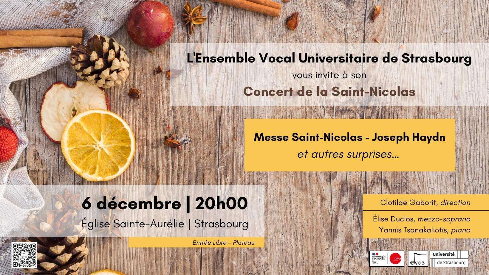 concert saint Nicolas EVUS 6 décembre 20h00 église sainte aurélie, fond bois, quartier d'orange et petit accessoire rappelant noël