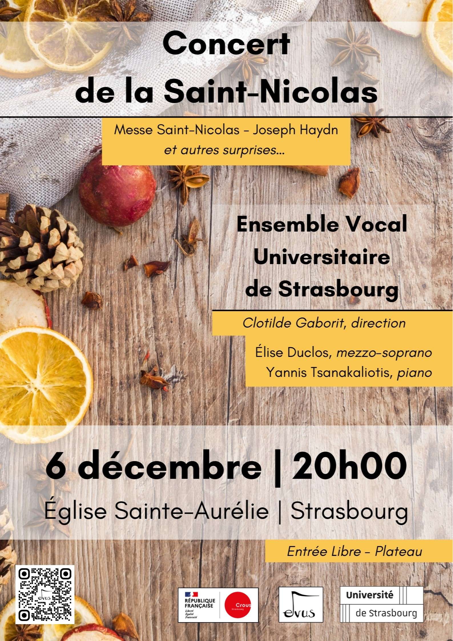 concert saint Nicolas EVUS 6 décembre 20h00 église sainte aurélie, fond bois, quartier d'orange et petit accessoire rappelant noël