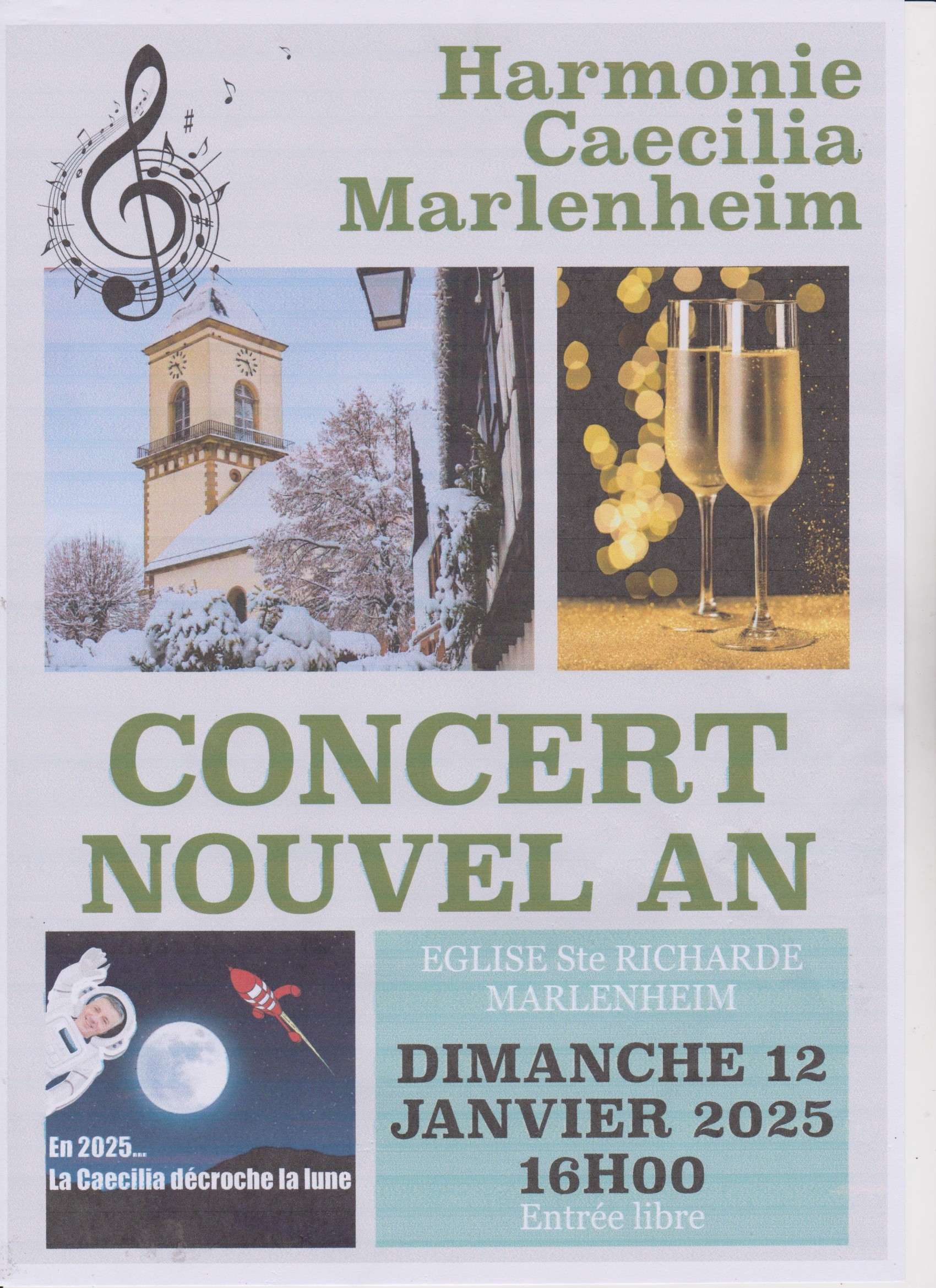 Renouvelez vos vœux en concert avec l’Harmonie Caecilia le Dimanche 12 janvier à 16h en l’Eglise Ste-Richarde de Marlenheim. L’entrée est gratuite. Vous trouverez un plateau à la sortie.